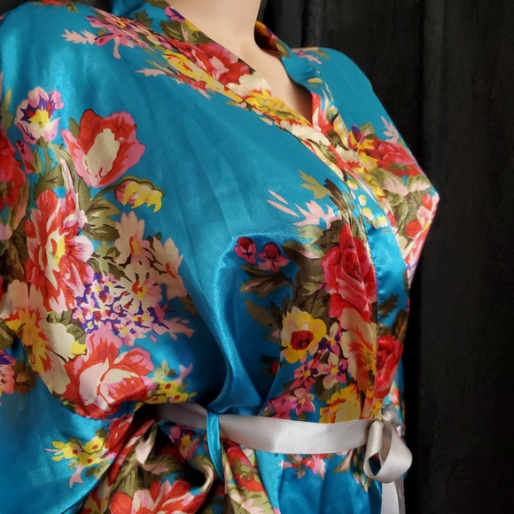 GLOSSY SATIN KIMONO Turquoise Blue Floral Robe Side Pockets WOMEN'S MEDIUM - Picture 6 of 7